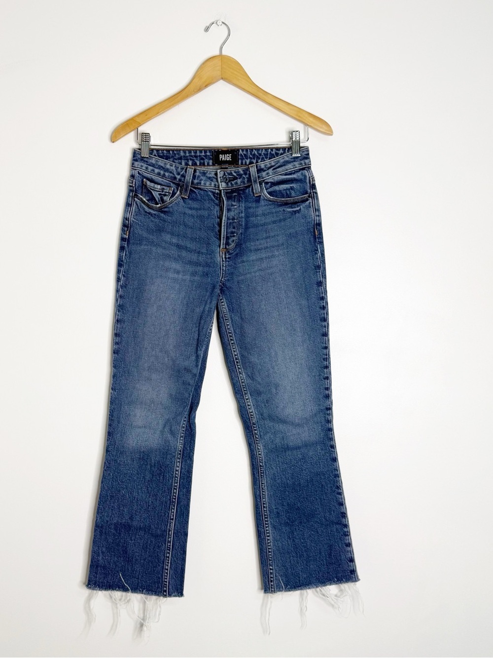 PAIGE Colette Crop Flare Jeans Size 26 Raw Hem High Rise Blue Denim
